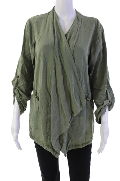 Sanctuary Women's 3/4 Sleeves Open Front Cinched Waist Jacket Olive Green Size M