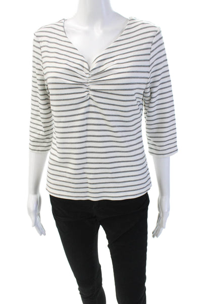 Tahari Womens Striped Print V-Neck 3/4 Sleeve Blouse Top White Size L