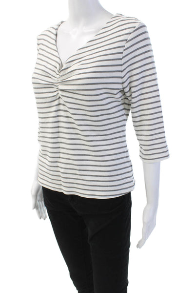 Tahari Womens Striped Print V-Neck 3/4 Sleeve Blouse Top White Size L