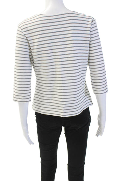 Tahari Womens Striped Print V-Neck 3/4 Sleeve Blouse Top White Size L