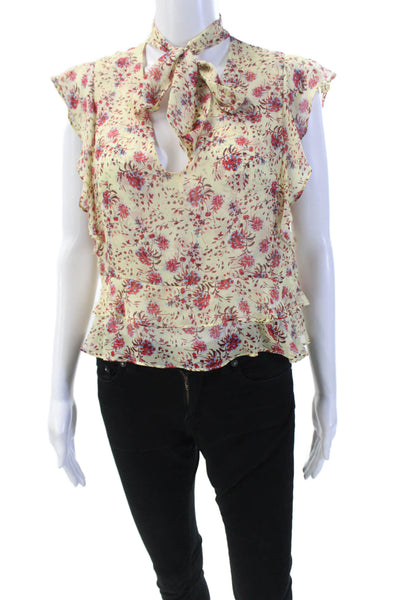 Intermix Womens Ruffled Cap Sleeve Keyhole Floral Silk Blouse Yellow Size Small