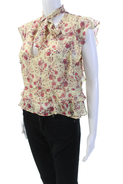 Intermix Womens Ruffled Cap Sleeve Keyhole Floral Silk Blouse Yellow Size Small
