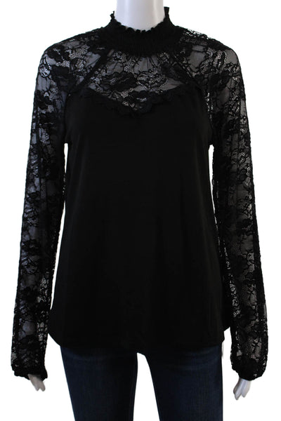 Adrienne Vittadini Womens Lace Long Sleeves Mock Neck Blouse Black Size Small