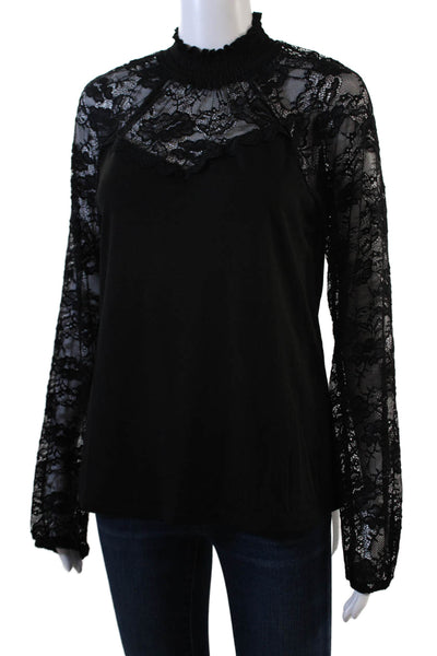Adrienne Vittadini Womens Lace Long Sleeves Mock Neck Blouse Black Size Small