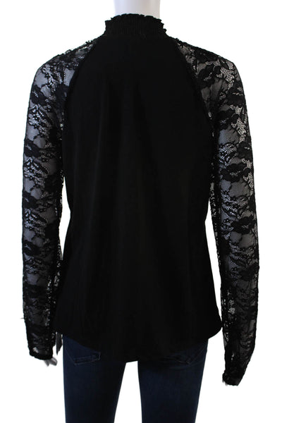 Adrienne Vittadini Womens Lace Long Sleeves Mock Neck Blouse Black Size Small