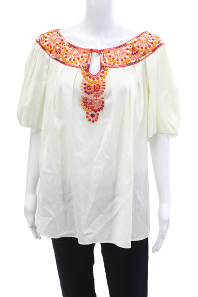 Escada Womens Cotton Beaded Round Neck Short Sleeve Blouse Cream Size 40