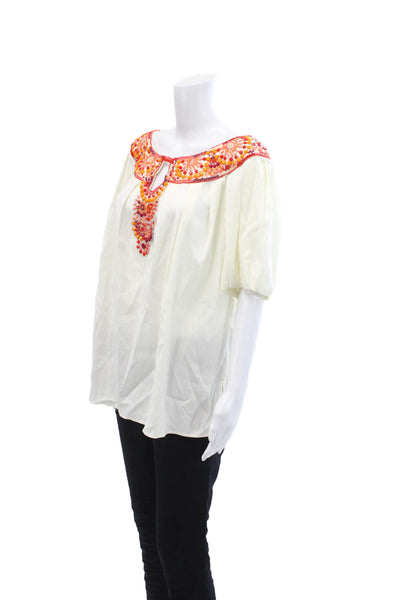Escada Womens Cotton Beaded Round Neck Short Sleeve Blouse Cream Size 40