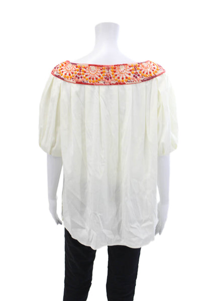 Escada Womens Cotton Beaded Round Neck Short Sleeve Blouse Cream Size 40