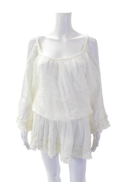 Sunday Womens 3/4 Sleeve Cold Shoulder Scoop Neck Linen Dress White One Size