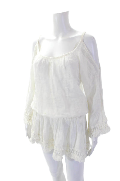 Sunday Womens 3/4 Sleeve Cold Shoulder Scoop Neck Linen Dress White One Size