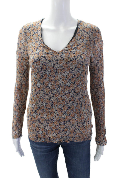 Massimo Dutti Womens Floral Print Long Sleeve Scoop Neck Blouse Orange Size 4