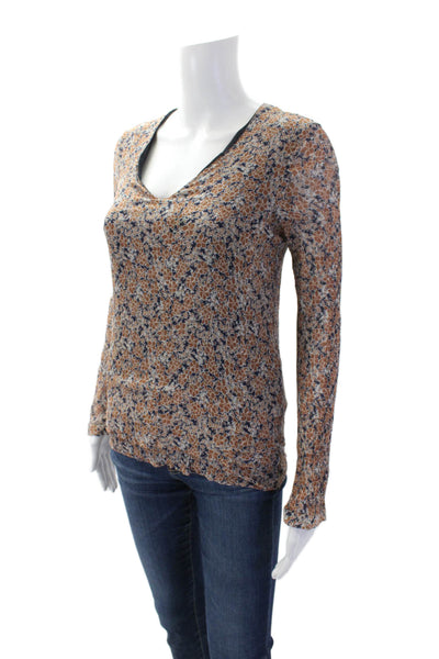 Massimo Dutti Womens Floral Print Long Sleeve Scoop Neck Blouse Orange Size 4