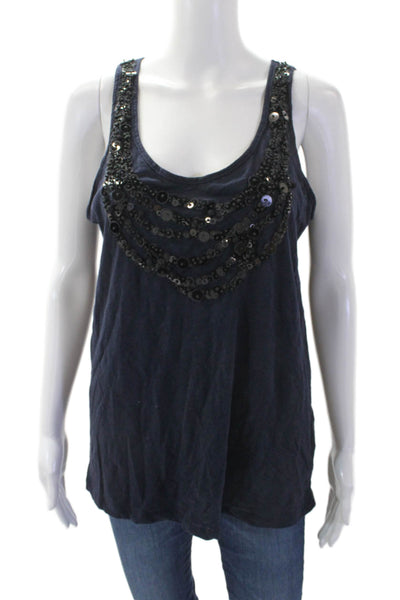 J Crew Womens Cotton Sleeveless Round Neck Sequence Tank Top Navy Size L