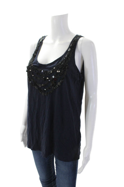 J Crew Womens Cotton Sleeveless Round Neck Sequence Tank Top Navy Size L