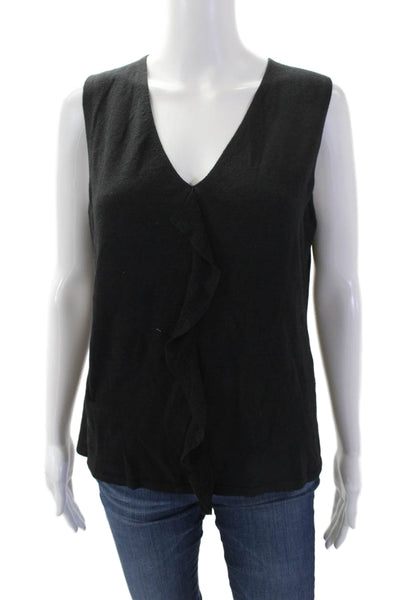 Banana Republic Womens Sleeveless V-neck Ruffle Knit Tank Blouse Black Size L