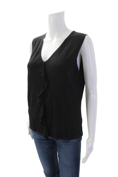 Banana Republic Womens Sleeveless V-neck Ruffle Knit Tank Blouse Black Size L