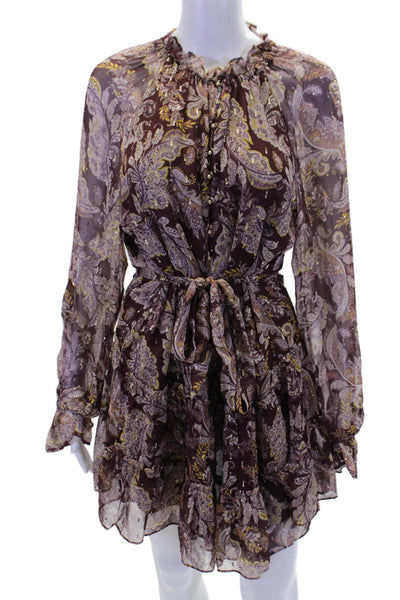 Intermix Womens Textured V-neck Long Sleeve Floral Dress Brown Size 06