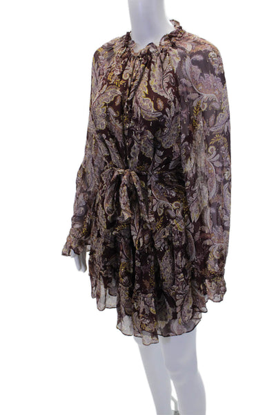 Intermix Womens Textured V-neck Long Sleeve Floral Dress Brown Size 06