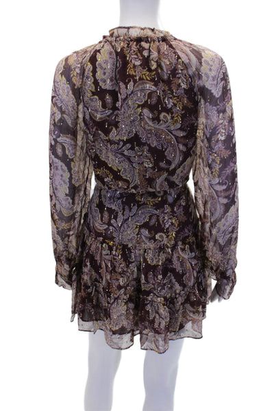 Intermix Womens Textured V-neck Long Sleeve Floral Dress Brown Size 06