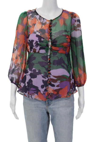 BCBGMAXAZRIA Womens Silk Floral Long Sleeve Button Up Blouse Top Purple Size XS