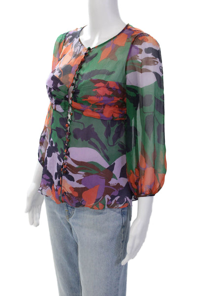 BCBGMAXAZRIA Womens Silk Floral Long Sleeve Button Up Blouse Top Purple Size XS