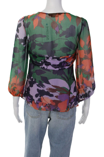 BCBGMAXAZRIA Womens Silk Floral Long Sleeve Button Up Blouse Top Purple Size XS
