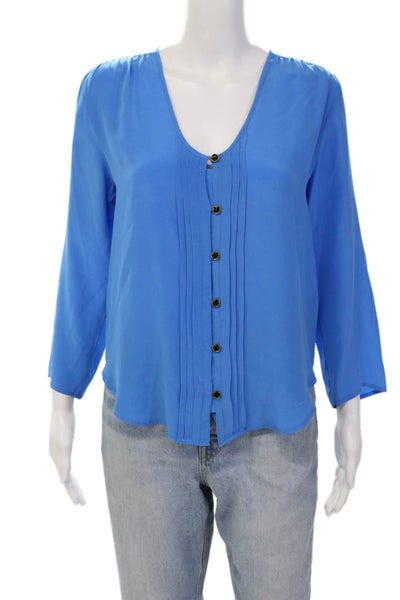Yumi Kim Womens Silk Pleated Long Sleeve Button Up Blouse Top Blue Size XS
