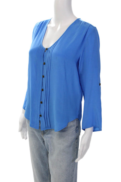 Yumi Kim Womens Silk Pleated Long Sleeve Button Up Blouse Top Blue Size XS