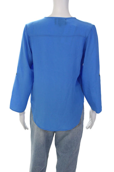 Yumi Kim Womens Silk Pleated Long Sleeve Button Up Blouse Top Blue Size XS
