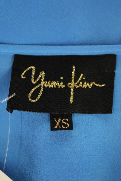 Yumi Kim Womens Silk Pleated Long Sleeve Button Up Blouse Top Blue Size XS