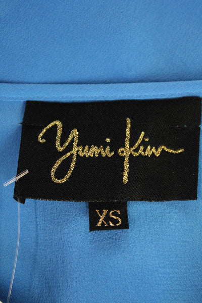 Yumi Kim Womens Silk Pleated Long Sleeve Button Up Blouse Top Blue Size XS