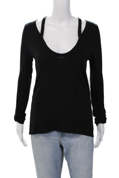 Pam & Gela Womens Cotton V-Neck Long Sleeve Pullover T-Shirt Top Black Size P