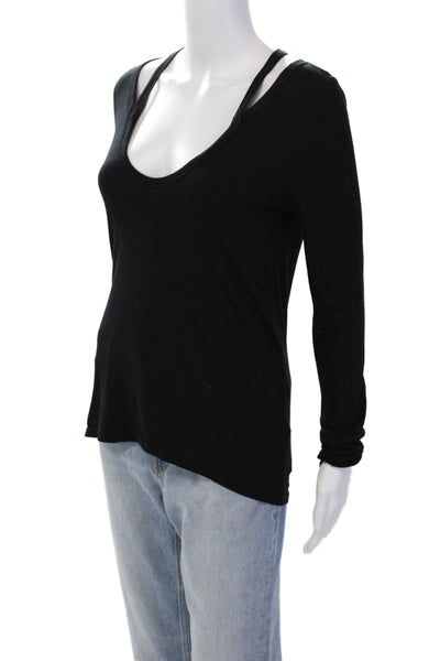 Pam & Gela Womens Cotton V-Neck Long Sleeve Pullover T-Shirt Top Black Size P