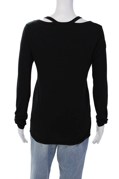 Pam & Gela Womens Cotton V-Neck Long Sleeve Pullover T-Shirt Top Black Size P