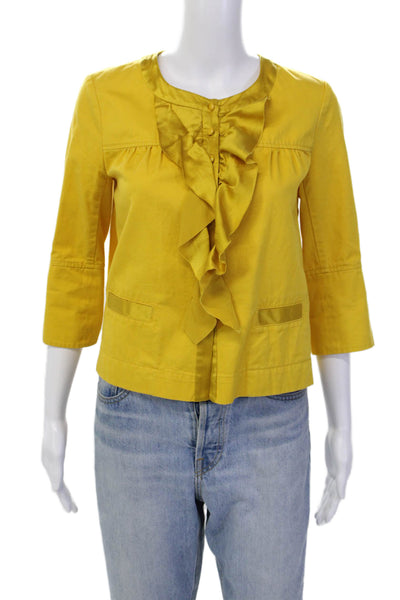 J Crew Womens Cotton Ruffle Detail Round Neck Button Up Jacket Yellow Size 0