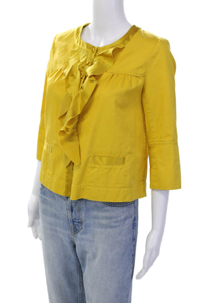J Crew Womens Cotton Ruffle Detail Round Neck Button Up Jacket Yellow Size 0