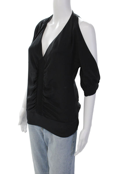 BCBGMAXAZRIA Womens Solid Silk Sleeveless Button Up Blouse Top Black Size XS