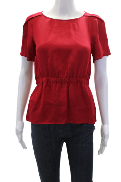 Theory Womens Silk Round Neck Short Sleeve Elastic Waist Blouse Red Size P