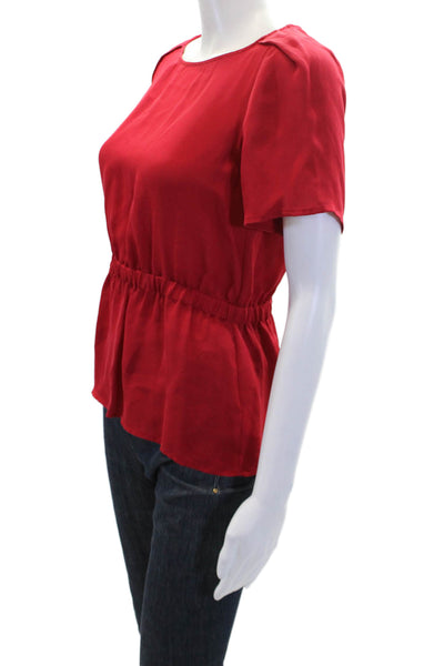 Theory Womens Silk Round Neck Short Sleeve Elastic Waist Blouse Red Size P