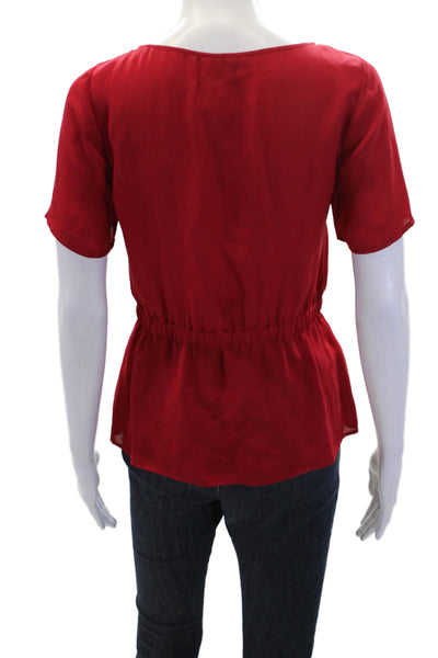 Theory Womens Silk Round Neck Short Sleeve Elastic Waist Blouse Red Size P