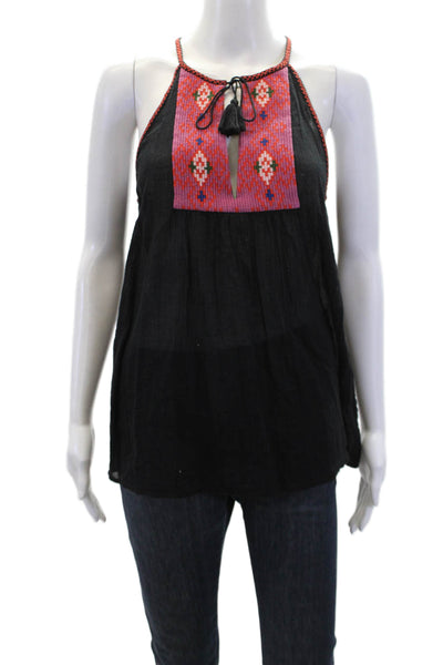 Joie Womens Cotton Geometric Embroidered Tassel Detail Blouse Black Size S