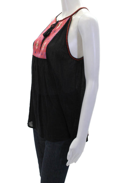 Joie Womens Cotton Geometric Embroidered Tassel Detail Blouse Black Size S