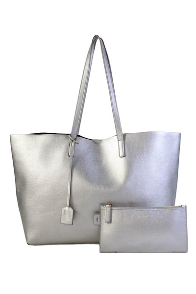 Saint Laurent Womens Metallic Leather Shoulder Bag + Wallet Set Silver