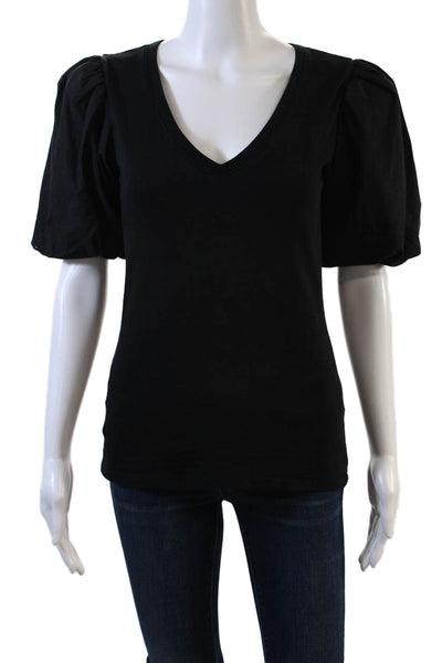 Nation LTD Womens Cotton Puff Short Sleeve V-Neck T-Shirt Black Size XS