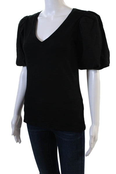 Nation LTD Womens Cotton Puff Short Sleeve V-Neck T-Shirt Black Size XS