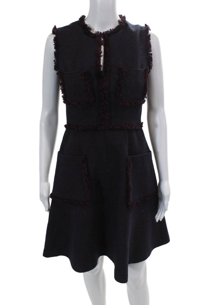 BCBGMAXAZRIA Womens Fringe Trim V-Neck Zip Up Sleeveless Dress Navy Size 0