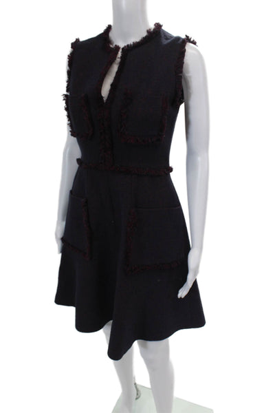 BCBGMAXAZRIA Womens Fringe Trim V-Neck Zip Up Sleeveless Dress Navy Size 0