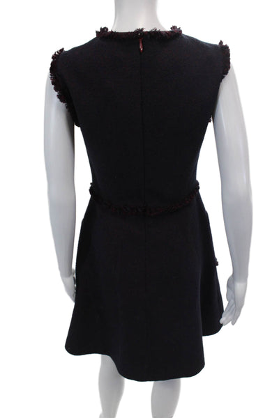 BCBGMAXAZRIA Womens Fringe Trim V-Neck Zip Up Sleeveless Dress Navy Size 0