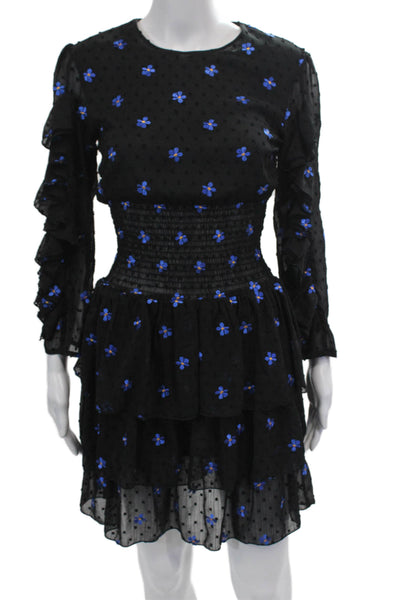 Maje Women's Round Neck 3/4 Sleeves Ruffle Swiss Dot Mini Floral Dress Size 1