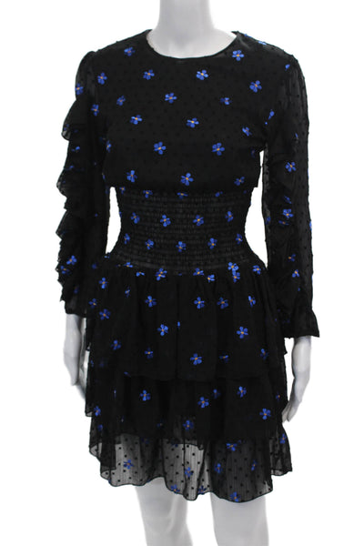 Maje Women's Round Neck 3/4 Sleeves Ruffle Swiss Dot Mini Floral Dress Size 1